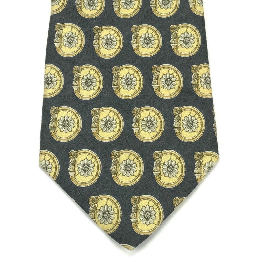 Men's Valentino Cravatte Collection Gray Yellow Baroque Floral Tie Made in Italy